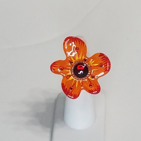 Jewelry - Orange Abstract Flower Ring Red Seed Beads Stretch